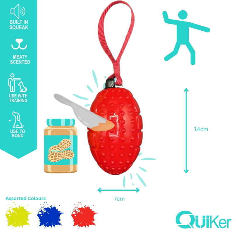 Meaty Scented Rugby Ball Throw Dog Toy – Squeaky, Smoked Fetch Toy (14cm)
