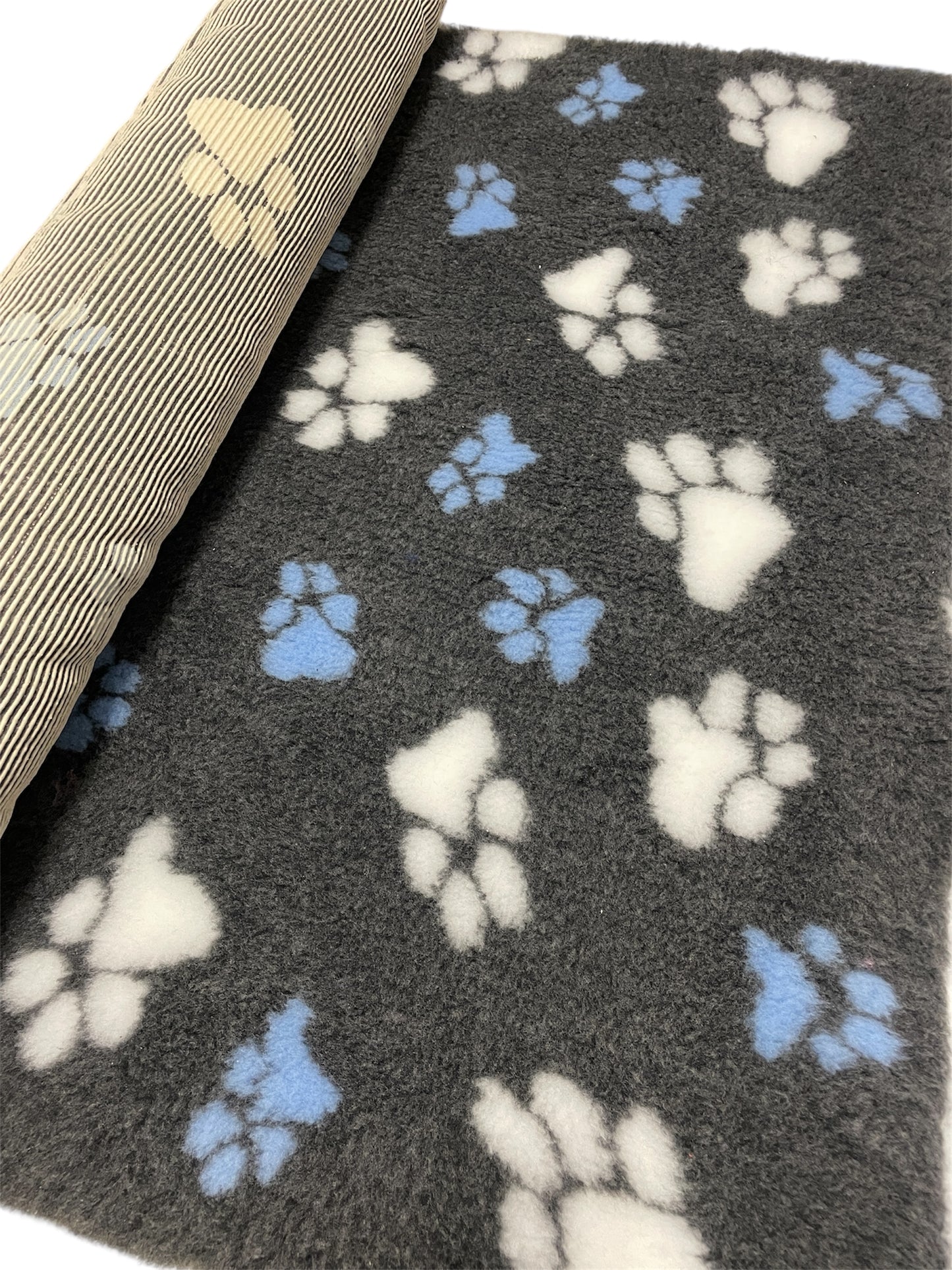 Grey with Blue & White Paw Print Design Premium Non Slip Vet Bedding