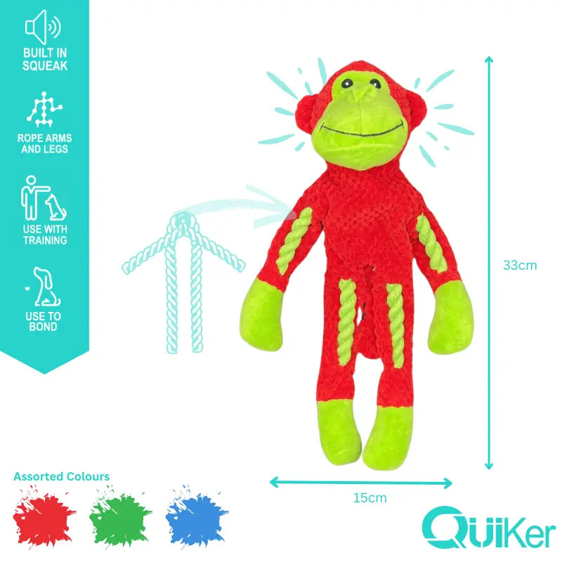 Low Stuffing Rope Body Monkey Dog Toy – Squeaky, Soft & Colourful