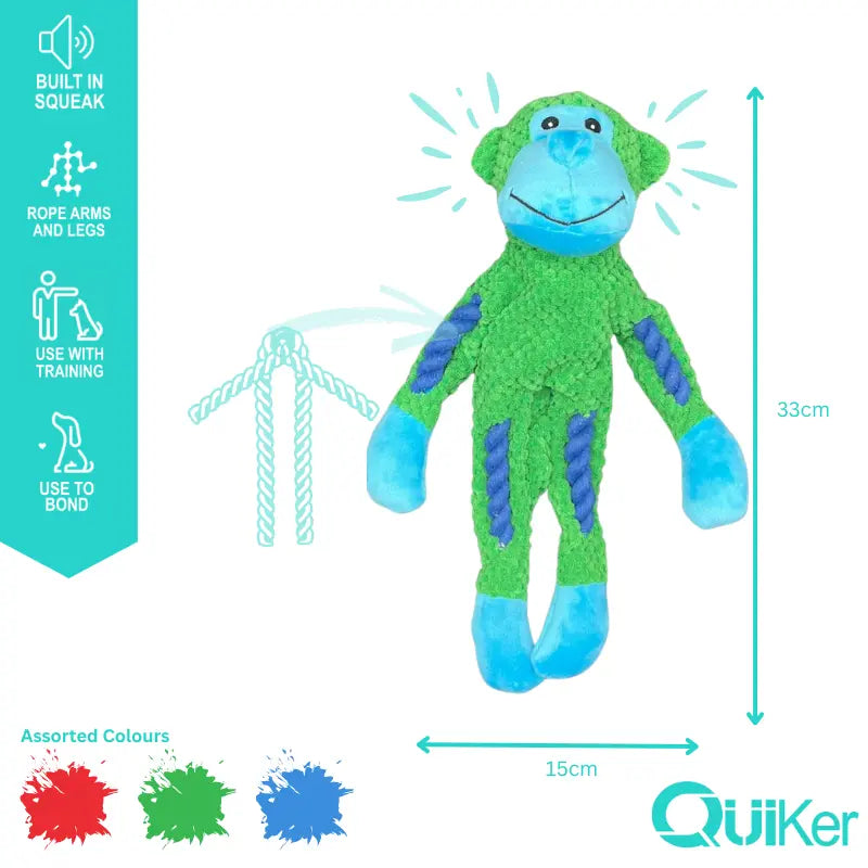Low Stuffing Rope Body Monkey Dog Toy – Squeaky, Soft & Colourful