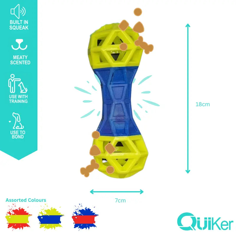 Meaty Scented Dumbbell Dog Toy – Squeaky, Treat Dispensing & Durable (18cm)