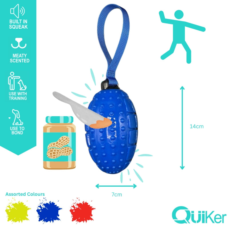 Meaty Scented Rugby Ball Throw Dog Toy – Squeaky, Smoked Fetch Toy (14cm)