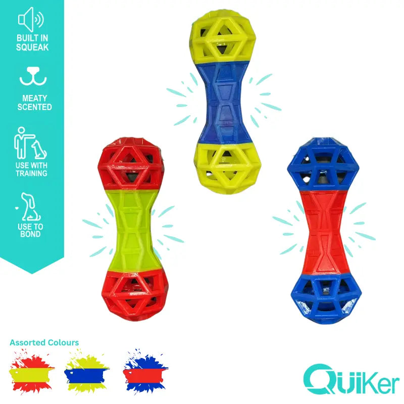 Meaty Scented Dumbbell Dog Toy – Squeaky, Treat Dispensing & Durable (18cm)