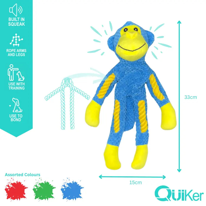 Low Stuffing Rope Body Monkey Dog Toy – Squeaky, Soft & Colourful