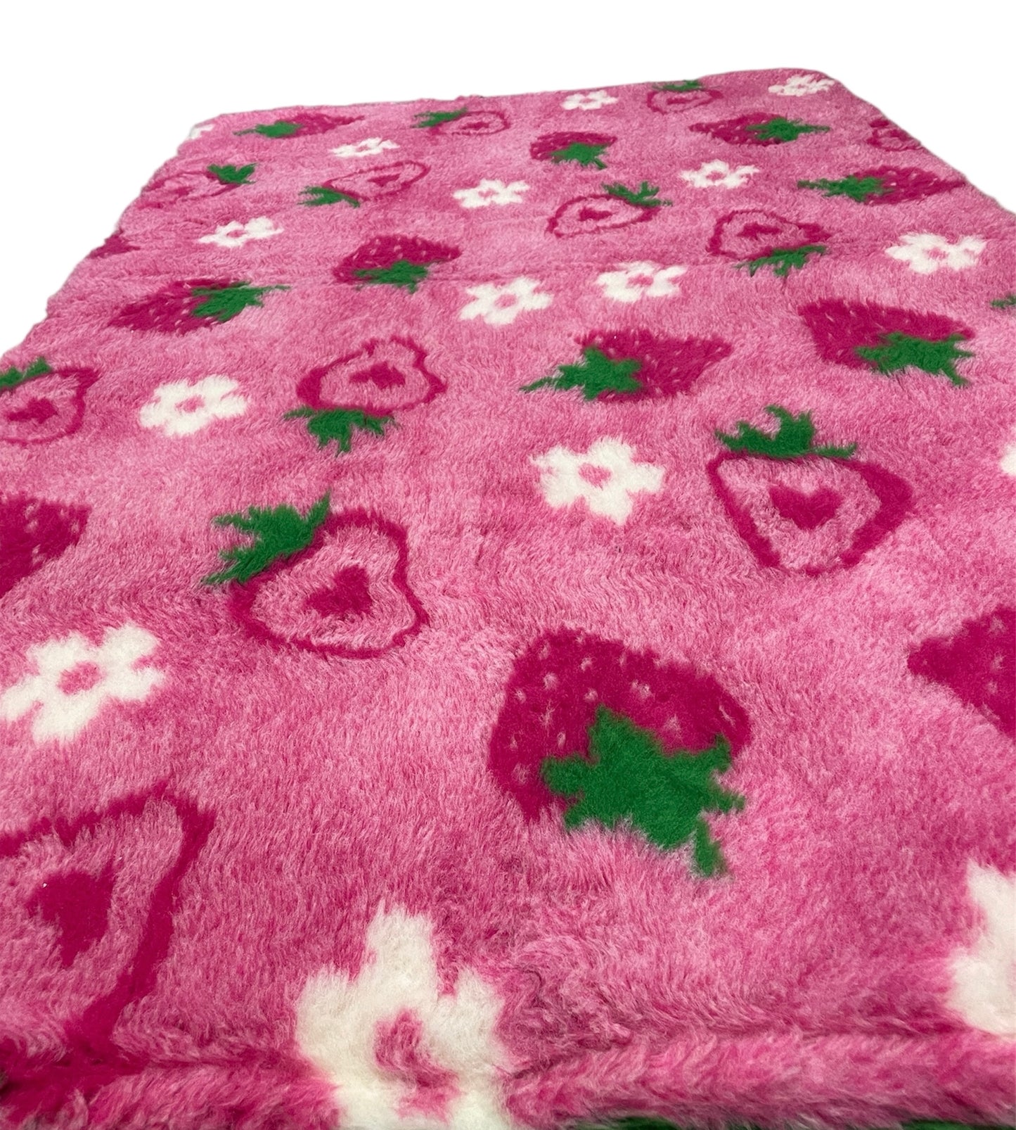 Pink strawberry print vet bedding for dogs and small pets