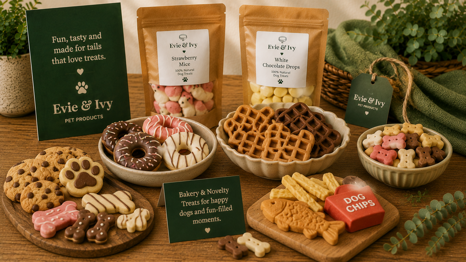 Selection of bakery and novelty dog treats including donuts, waffles, biscuits and fun-shaped treats displayed in an Evie & Ivy themed setting.