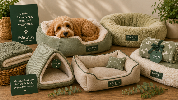 Selection of dog beds, blankets and cosy bedding products displayed in natural Evie & Ivy colours.