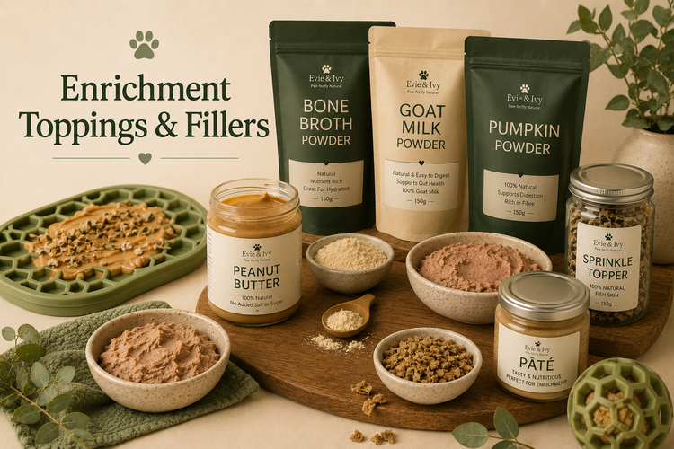 Dog enrichment toppings and fillers including pâté, peanut butter, bone broth powder, goat milk powder and sprinkle toppers displayed in a warm lifestyle setting.
