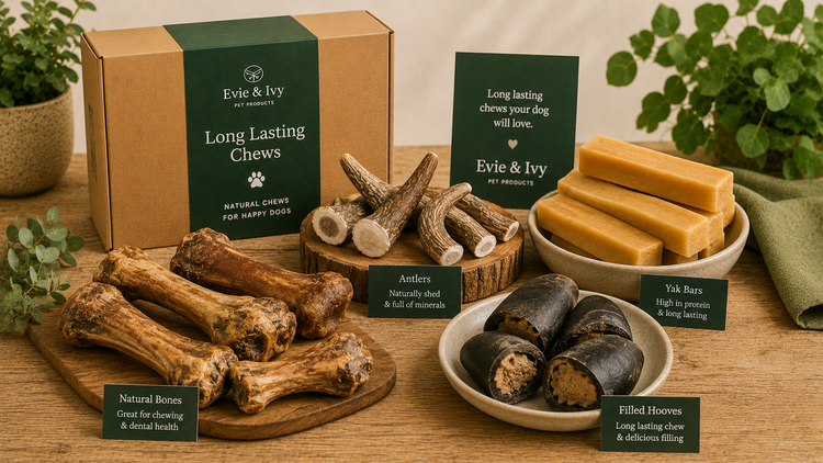 Selection of long lasting dog chews including yak bars, antlers, filled hooves and natural bones displayed on a wooden table.