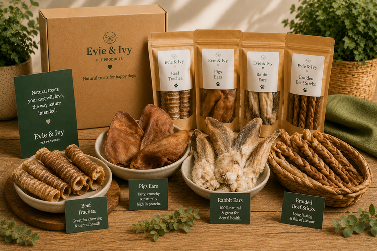 Selection of natural dog treats including pig ears, rabbit ears, trachea and braided chews displayed on a wooden table.