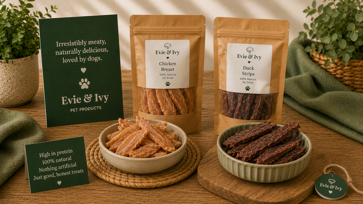 Selection of meaty dog treats including chicken breast and duck strips displayed in Evie & Ivy branding.