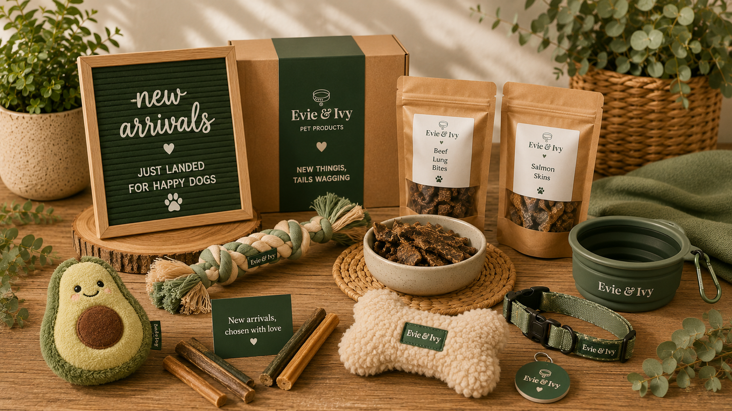 New dog treats, toys and accessories displayed in an Evie & Ivy new arrivals collection setting.