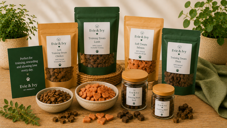 Selection of soft dog treats and training treats displayed in bowls, jars and treat pouches on a wooden table.