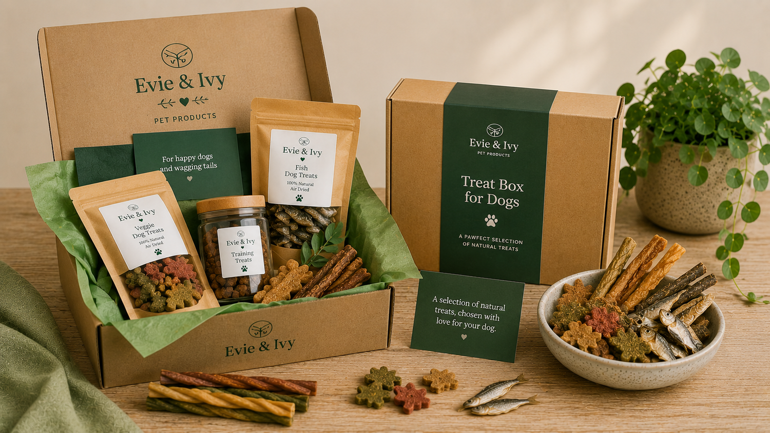 Selection of dog treat boxes and bundles filled with natural chews, fish treats, training treats and dog snacks.