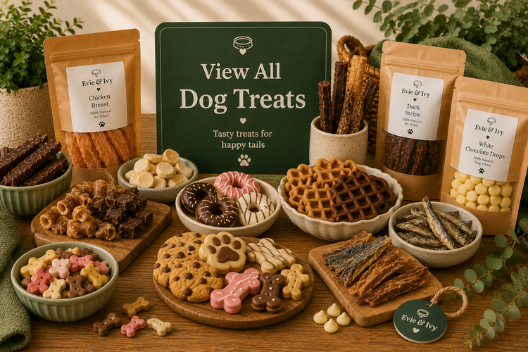 Selection of dog treats including natural chews, fish treats, bakery treats, training treats and long-lasting chews displayed together.