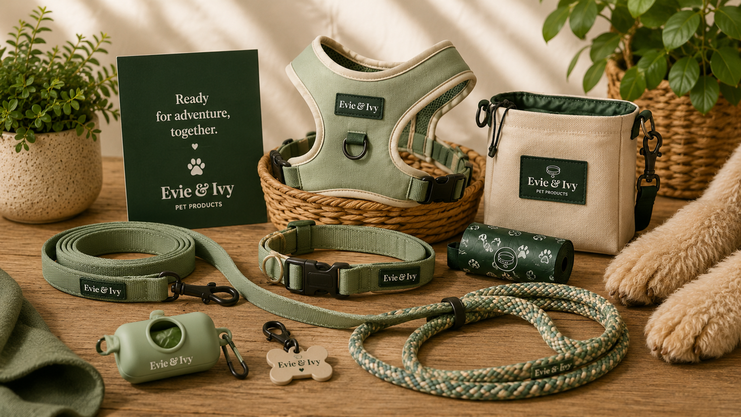 Dog walking essentials including harnesses, leads, collars, leash wraps and accessories displayed in Evie & Ivy colours.