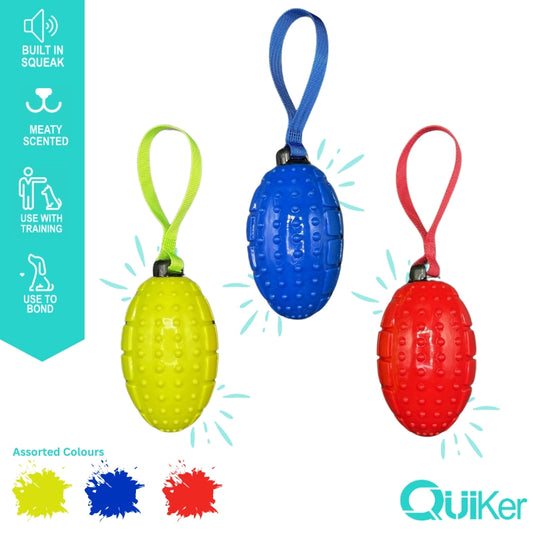 Meaty Scented Rugby Ball Throw Dog Toy – Squeaky, Smoked Fetch Toy (14cm)