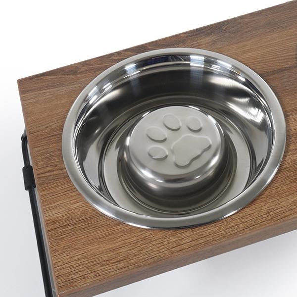 🐶 Wooden Raised Double Dog Bowl Slow Feeder – Stainless Steel Diner (46cm)