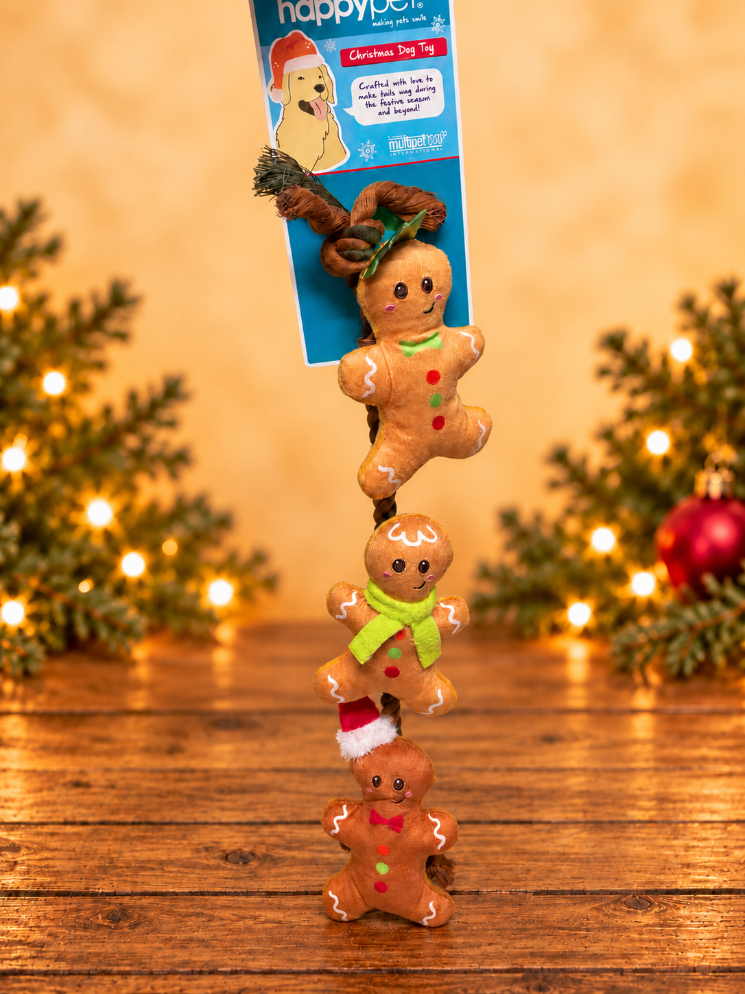 String of Gingerbread Christmas Rope Dog Toy with Squeakers