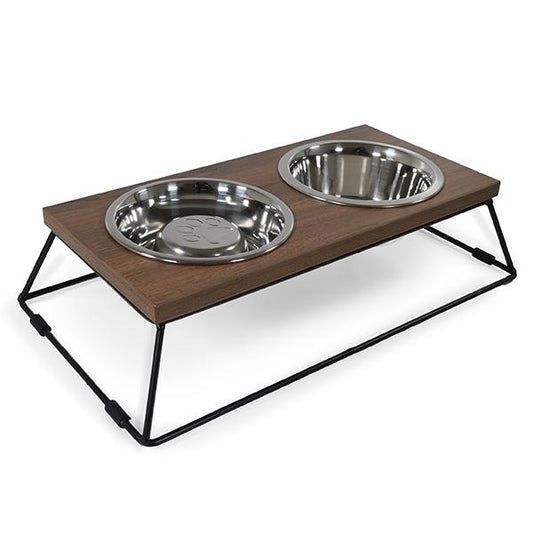 🐶 Wooden Raised Double Dog Bowl Slow Feeder – Stainless Steel Diner (46cm)