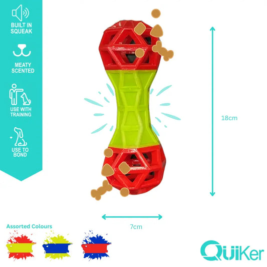 Meaty Scented Dumbbell Dog Toy – Squeaky, Treat Dispensing & Durable (18cm)