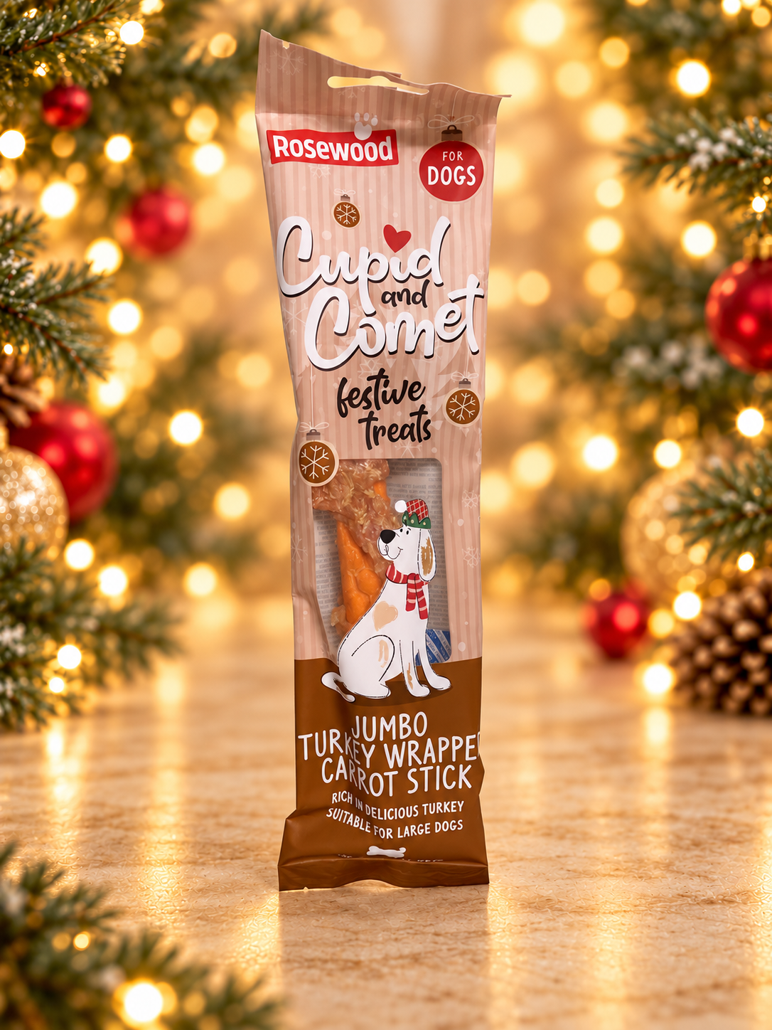 Cupid & Comet Jumbo Turkey Wrapped Carrot Stick Christmas Dog Treat