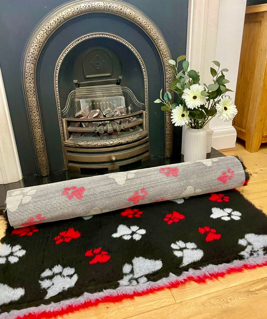 Black & Red Paw Print Premium Non Slip Vet Bedding
