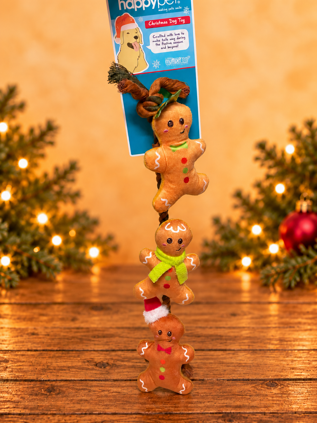 String of Gingerbread Christmas Rope Dog Toy with Squeakers