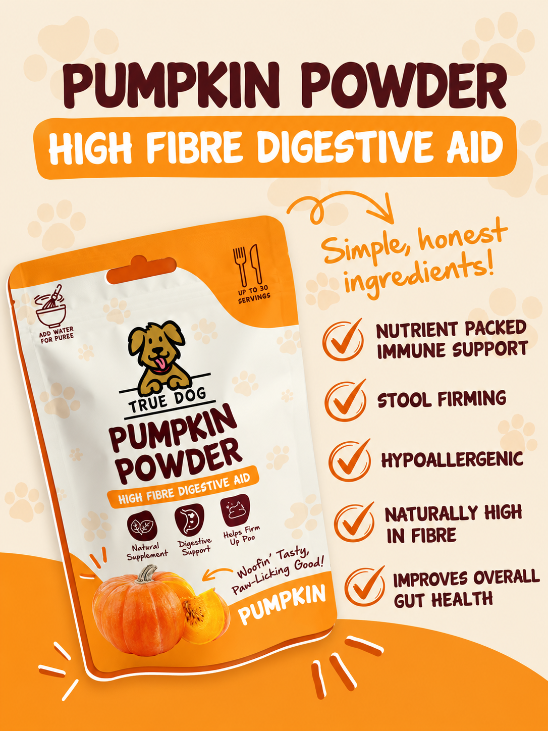 True Dog Pumpkin Powder – Digestive Support Food Topper for Dogs & Cats