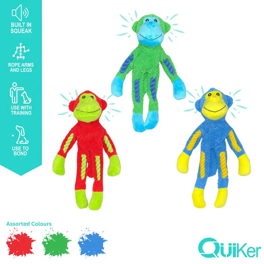 Low Stuffing Rope Body Monkey Dog Toy – Squeaky, Soft & Colourful