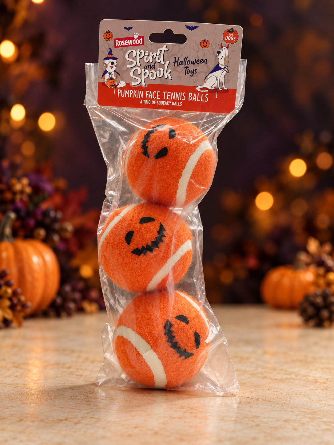 Spirit & Spook Halloween Pumpkin Face Squeaky Tennis Balls – Pack of 3