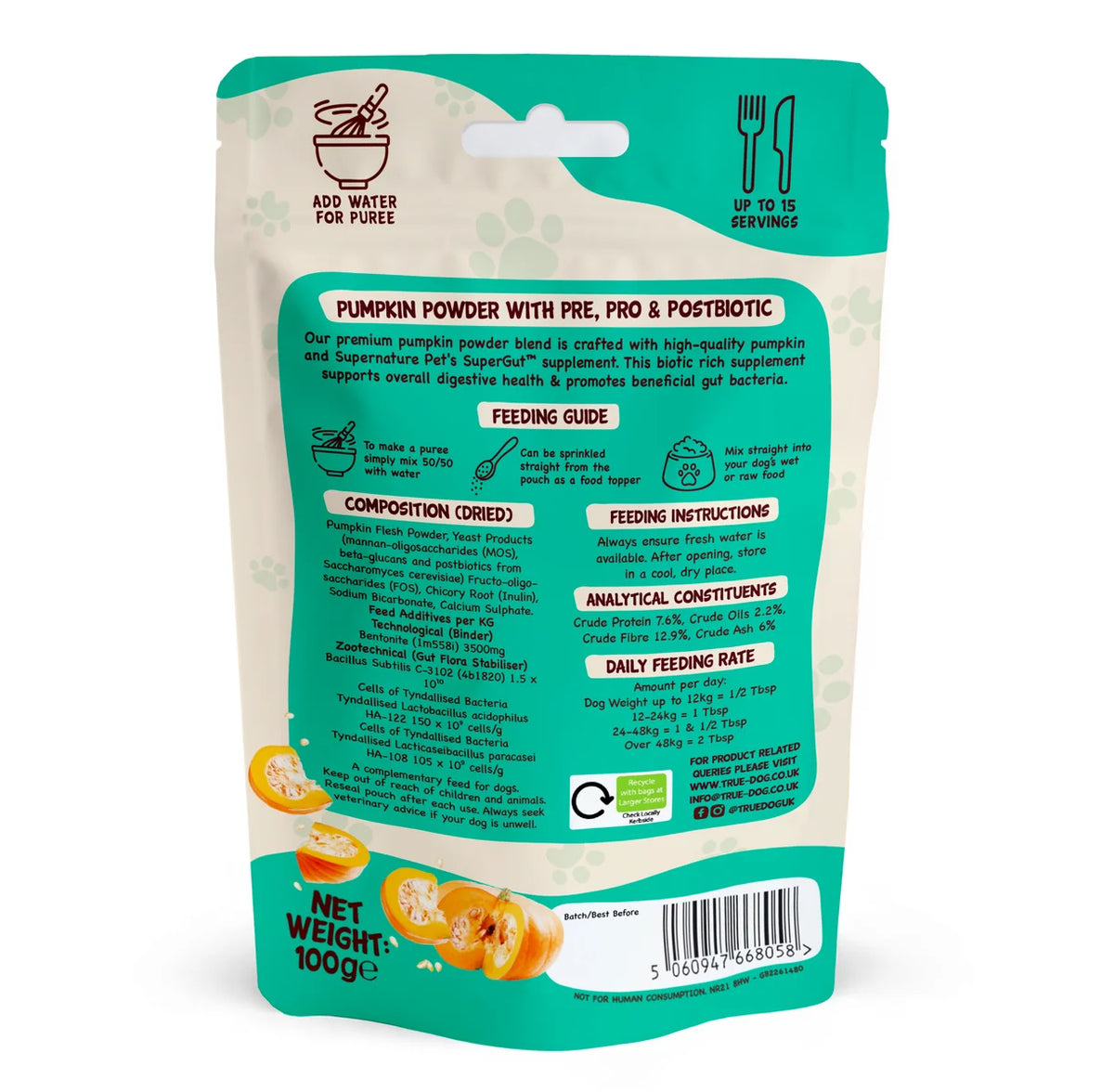 True Dog Pumpkin Powder with Pre, Post & Probiotics 100g